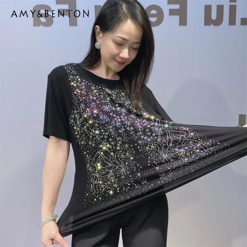 

Rhinestone Thread Cotton T Shirt Women's American Style O-Neck Regular Shoulder Short Sleeve Black Slim Fit Top Tees Summer Wear
