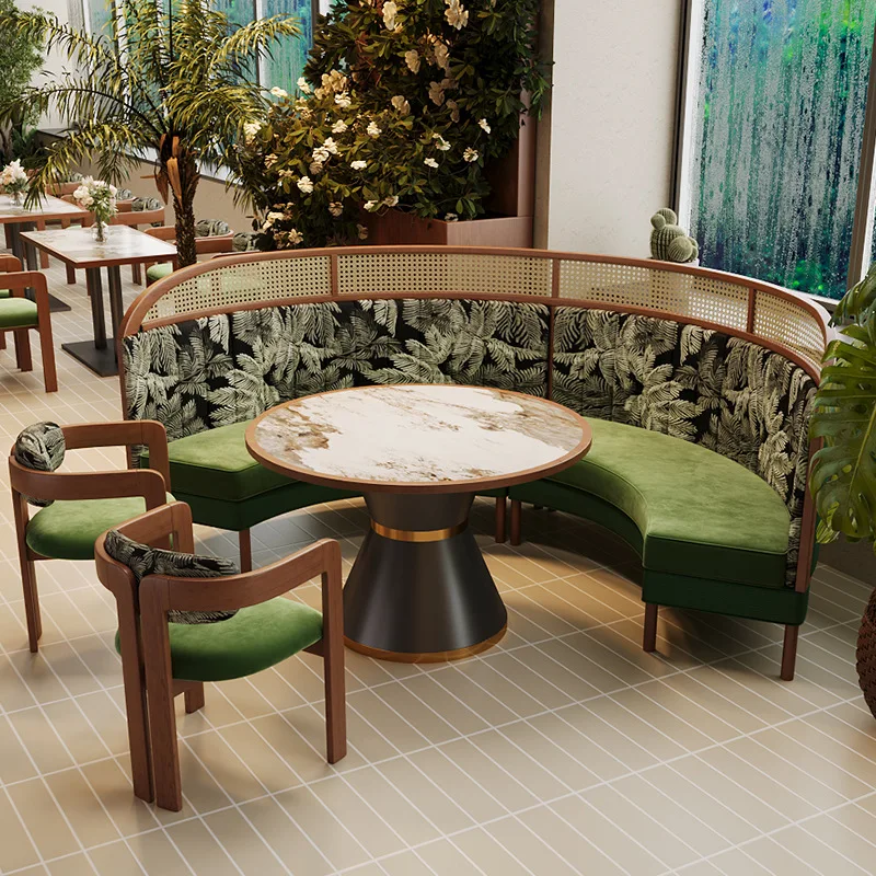 Customized South East Asia Style Theme Restaurant Braided Rattan Solid Wood Against The Wall Sofa Booth Retro Cafe Dining Shop T