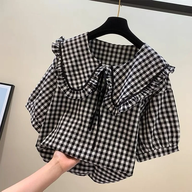 Summer Blouses Women Vintage Comfortable Plaid Chic Ladies Ulzzang Student All-match 2 Styles Casual Cozy Hipster Lace-up Design