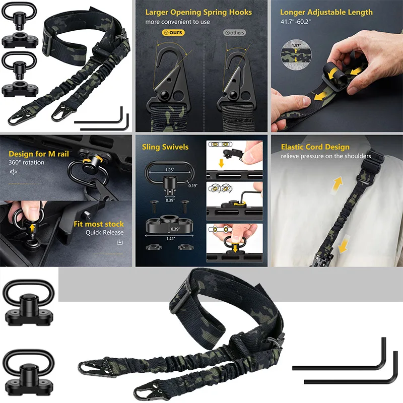 

Concealed 2 Point Hunting Sling with 2 Mlok QD Mounts Strap Length Adjustable with Elastic Bungee Wrench Outdoor
