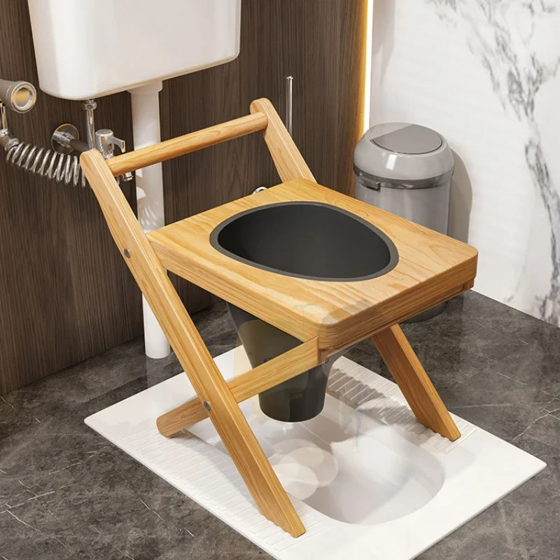 Foldable Solid Wood Commode Chair, Maternity Toilet Seat, Elderly Mobile Stool, Durable Portable Toilet, Senior Bathroom Aid