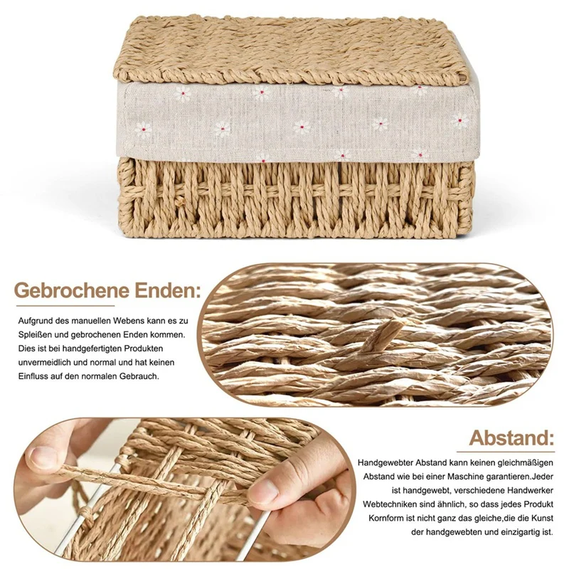 ABWR-корзина для хранения, упаковка из 3-х корзин для хранения с крышкой, тканая корзина из бумажной веревки, корзины с декором в стиле бохо с подкладкой