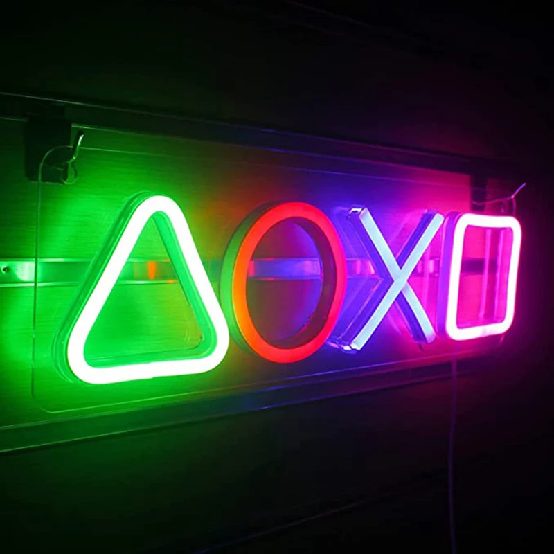 

Game Neon Night Light Signs for Wall Playstation Decor, Button Shape Gamer Led Lights Gaming Gifts Ideas for Teen Boys Bedroom