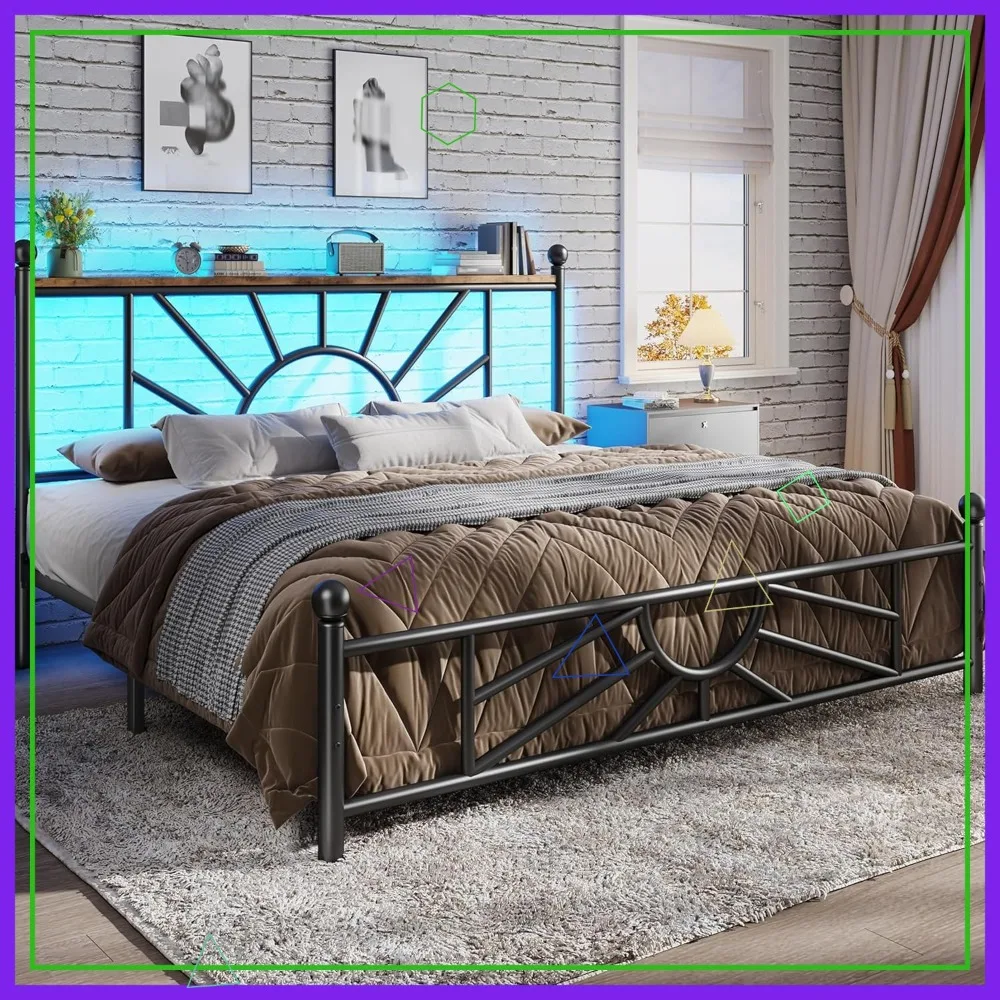 Queen Bed Frame with LED Lights, Storage & Headboard - Noise-Free, Easy Assembly, Black
