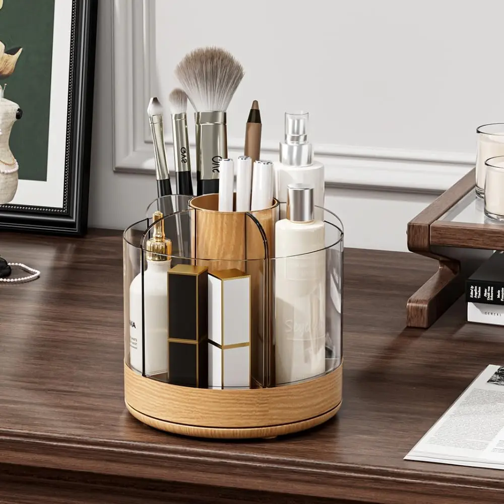 Makeup Brush Holder 360° Rotating 6 Slot Multi-Compartment Storage, Acrylic Spinning Organizer for Cosmetics Nail Polish Combs,