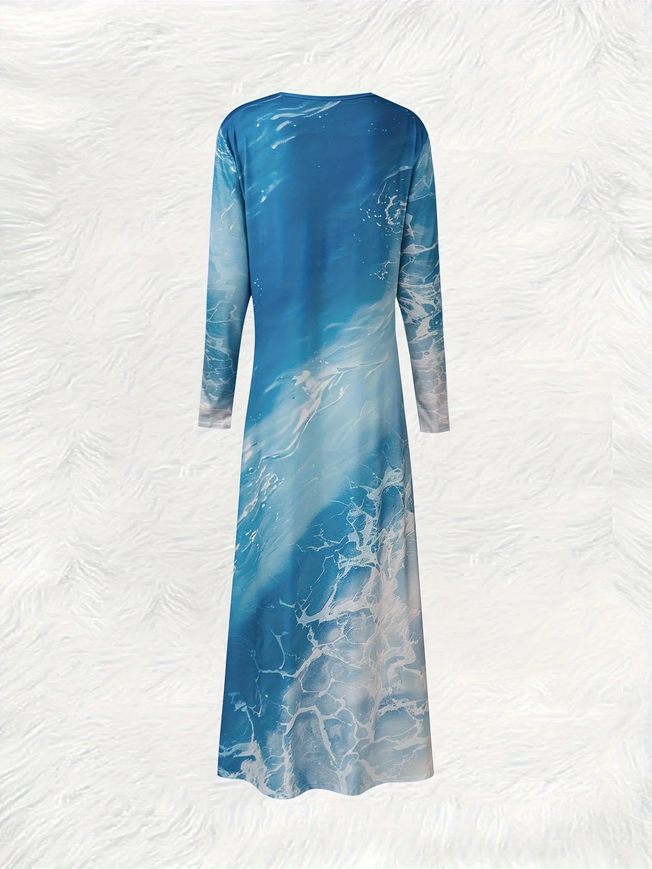 Women's Long Sleeve Round Neck Casual Dress Ocean Wave Print Vacation Style Blue Midi Dress Summer Beach Party Outfit