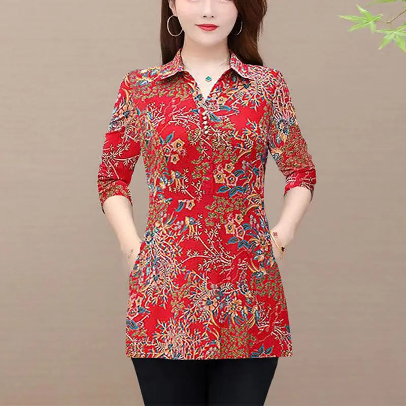 Elegante camicetta con fiori spezzati Folk Vintage Casual risvolto primavera autunno bottone manica lunga abbigliamento donna camicia stampata