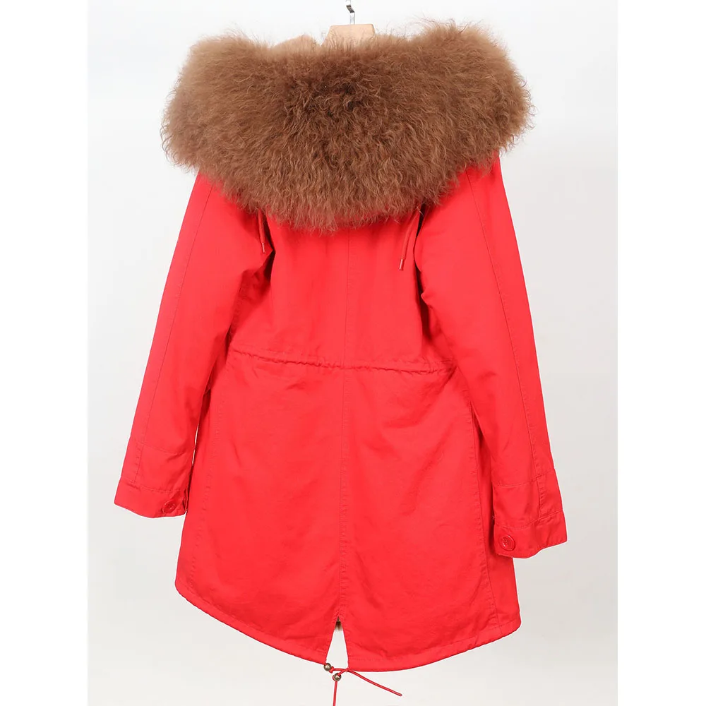 Fashion Winter Jacket Detachable Lining Women Coat Natural Real Mongolian Wool Fur Collar Loose Long Parkas Big Fur Outerwear