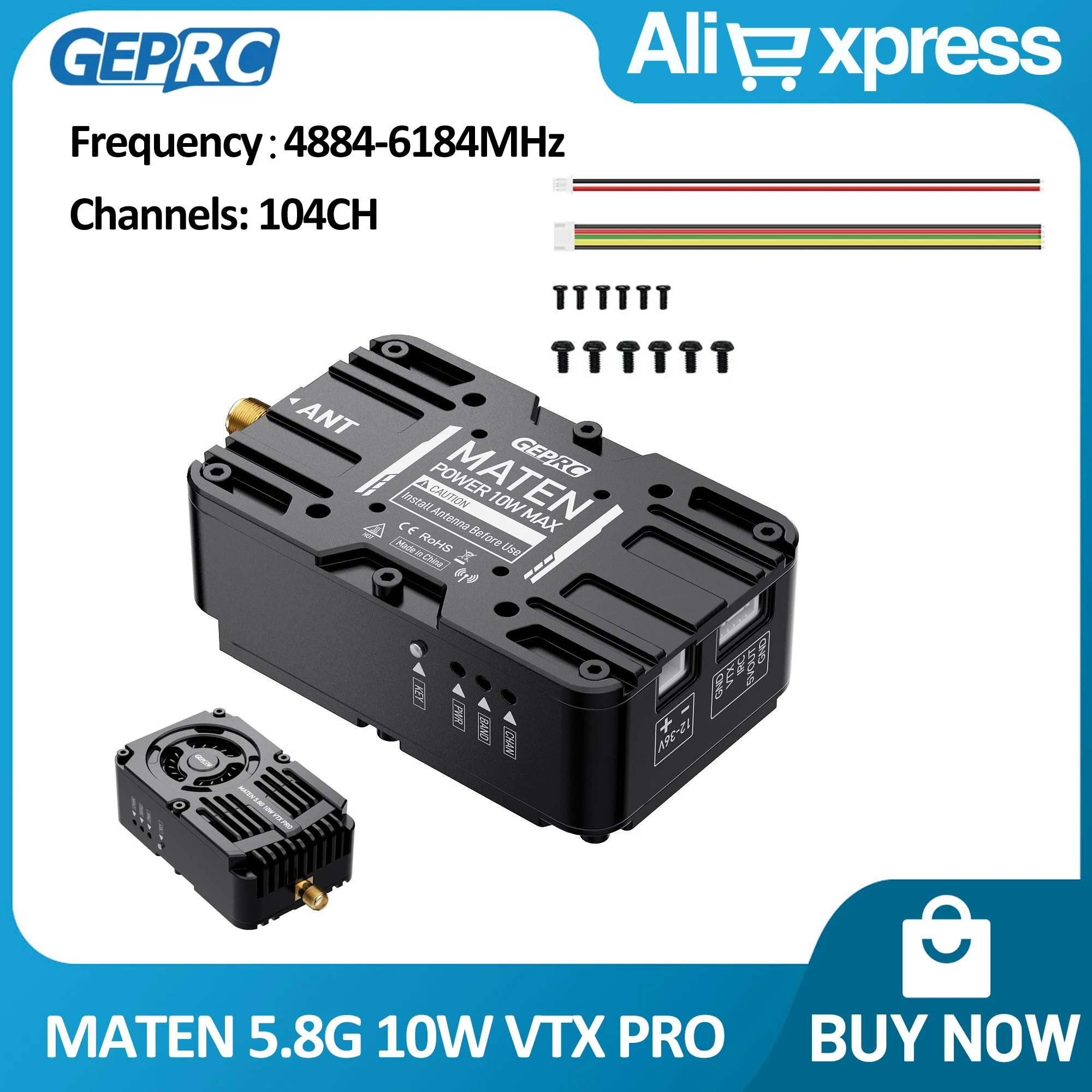 

GEPRC MATEN 5.8G 10W VTX PRO 104CH 25mW/2.5W/5W/10W/Pit Mode 4884-6184MHz Built-In Cooling Fan for FPV Long Range Racing Drone