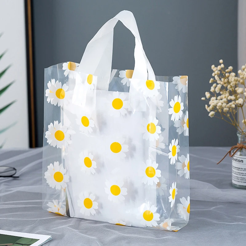 5/10Pcs Gift Bags Printed Daisy Transparent Tote Portable Bag Fashion Packing Shopping Casual Handbag Waterproof Bag