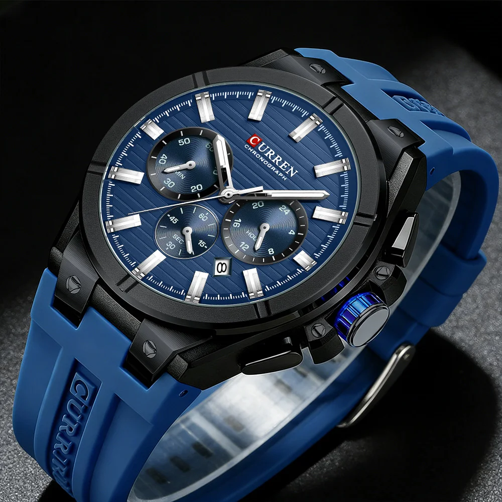 CURREN Men's Sports Chronograph Watch with Quartz Movement Casual Silicone Strap Luminous Hands Auto Date 43mm Dial