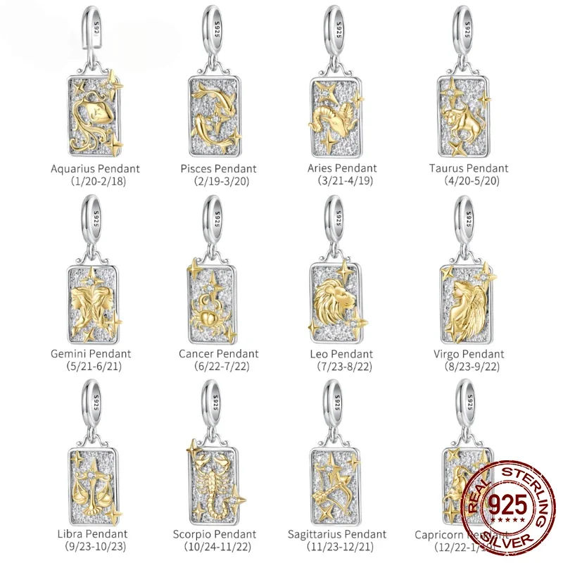 

Original 925 Sterling Silver Two-tones Constellation Pendant 12 Zodiac Beads for Necklace DIY Birthday Gift Jewelry Accessories