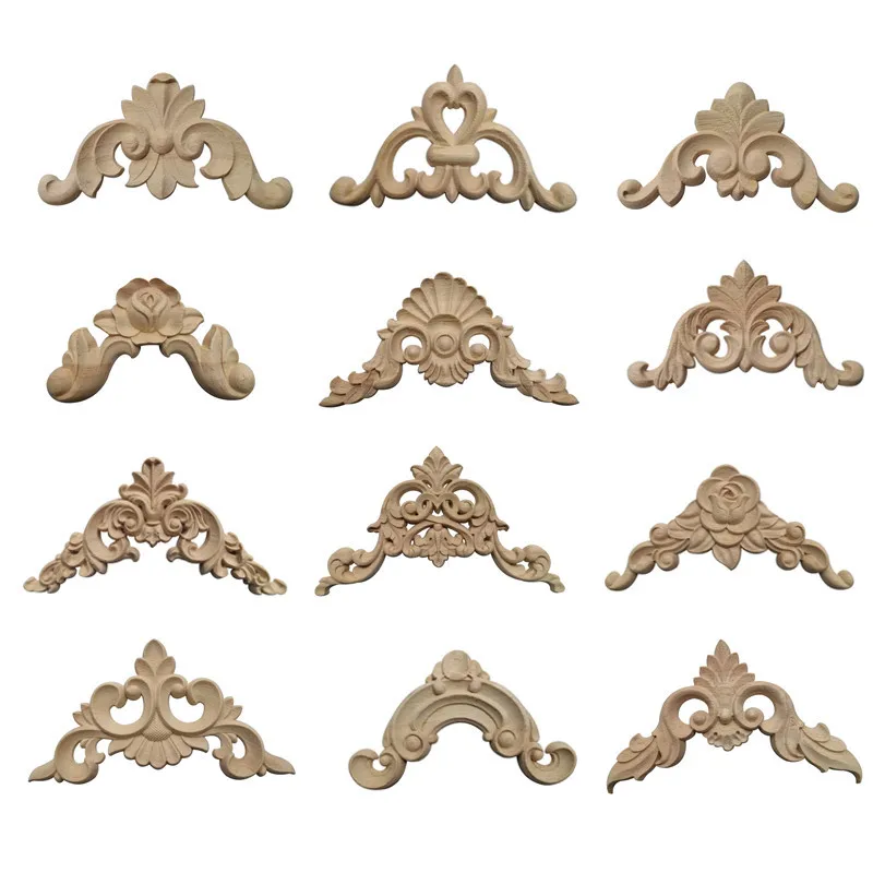 European Style Wood Carved Applique Furniture Decoration Corner Onlay Vintage Wooden Flower Panel for Cabinet Door Home Decor