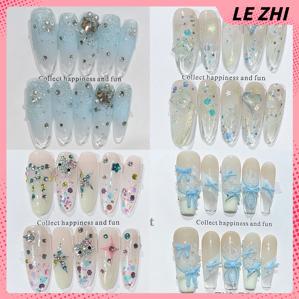 

10Pcs Dopamine Sweet Handmade Long Coffin Ellipse Reusable Full Cover Nail Kawaii Hello Kitty Cat Eyes French Press On Nails