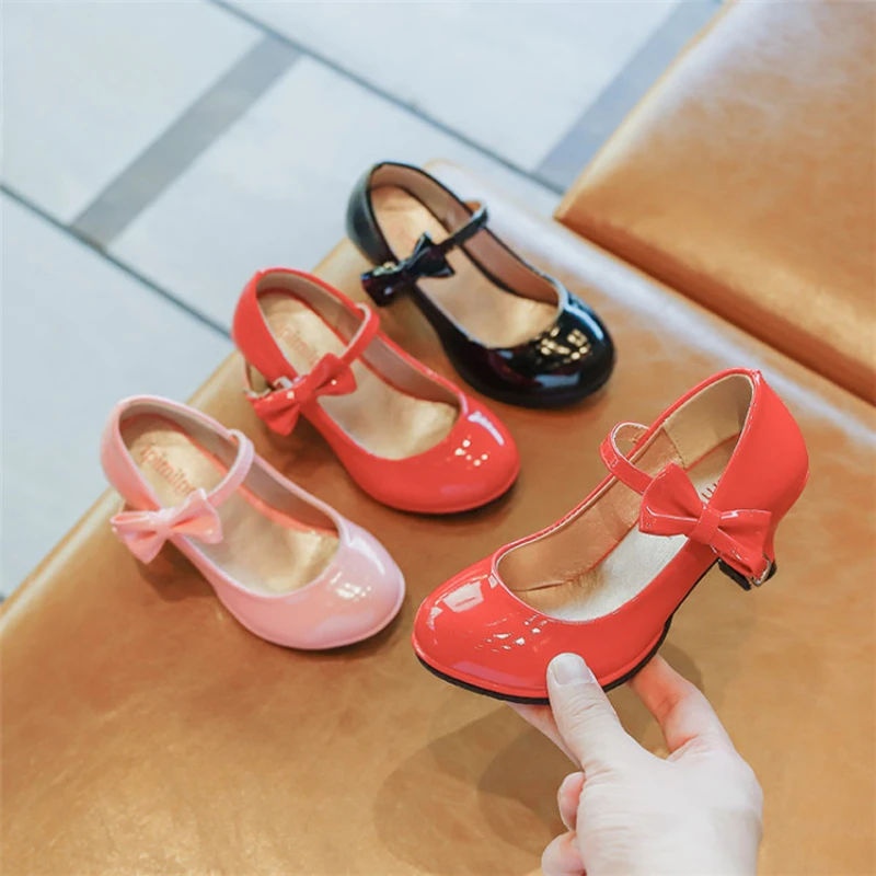 Children High Heels Spring Autumn Princess Shoes for Girls Solid Color Bowtie Kids Leather Shoe Party Wedding Fashion Versatile