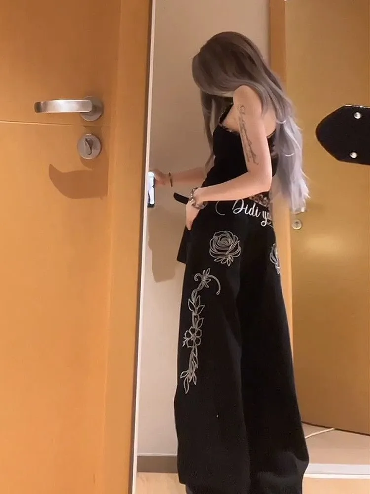 Coreano popular high street quente menina carta flor bordado jeans feminino y2k calças de perna larga de cintura alta até o chão