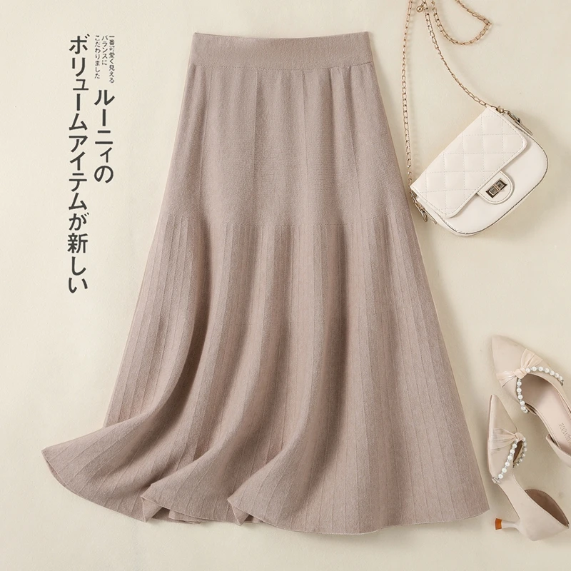 

Осень-зима вязаная плиссированная юбка женская повседневная эластичная трапециевидная юбка трапециевидной формы с высокой талией для рабочих вечеринок миди длинная юбка однотонная серая черная