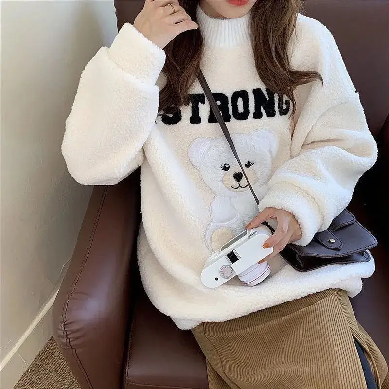 

Winter Off White Fashion Cartoon Animal Women's Hoodies New Korean Imitation Lamb Hair Loose Plush Thickened Coat Top Sweatshirt
