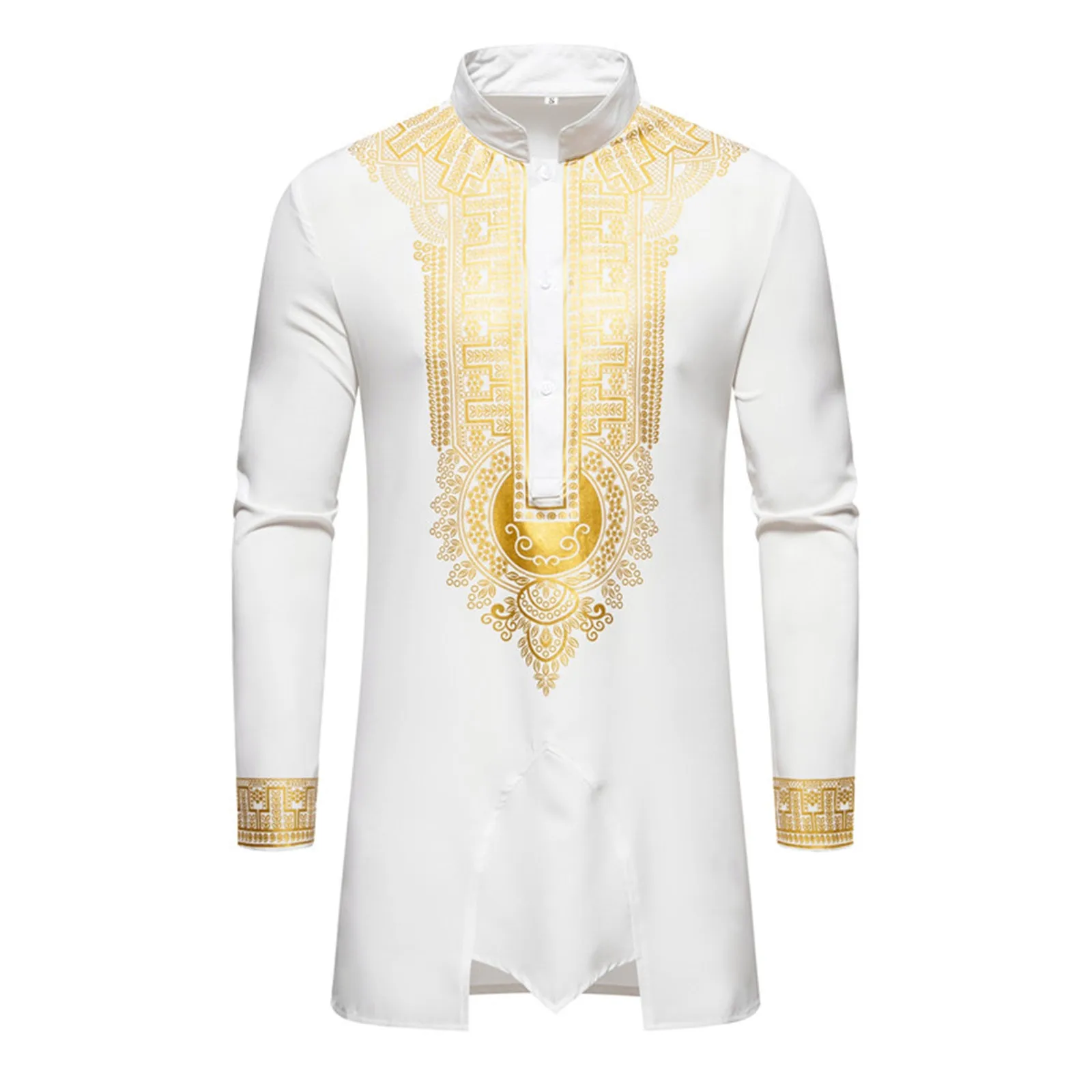 

Men's Sets Standing Collar Gold Stamping Printed Long Sleeved Shirt And Solid Color Pants African Style Casual Two Pieces Suits