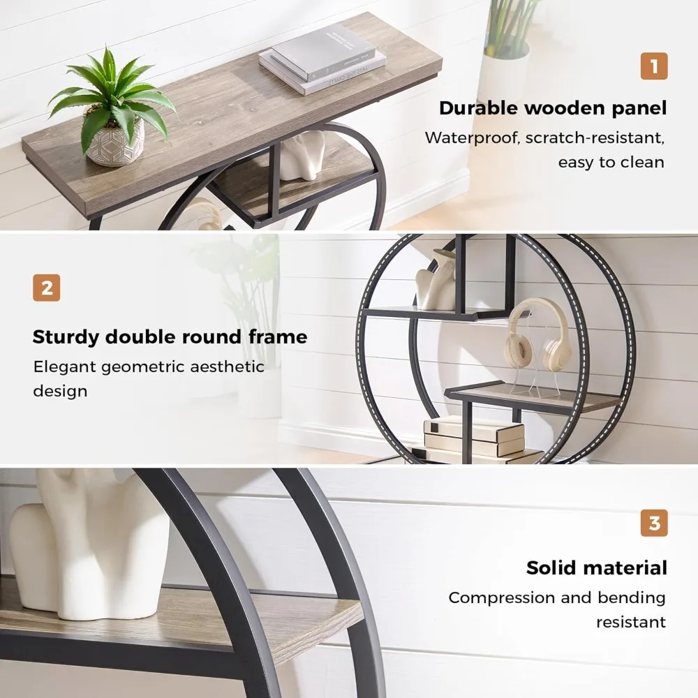 طاولة أريكة، طاولة مدخل صناعية من 4 طبقات مع قاعدة دائرية وسطح سميك 1.7، طاولة وحدة تحكم ضيقة مع مساحة تخزين لـ #3