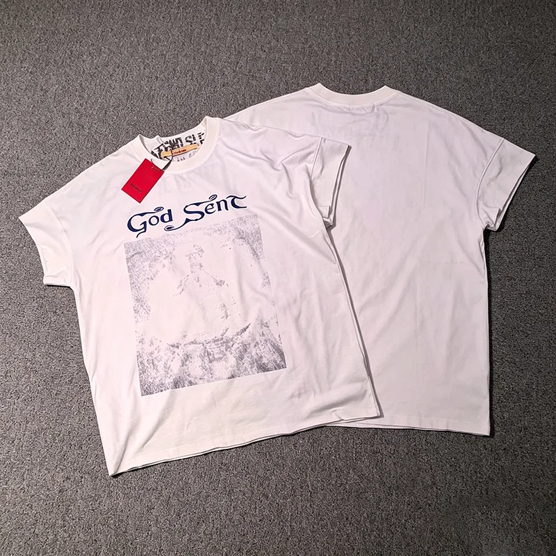 New SECND SLF Men's Wash Vintage Retro Short Sleeve Tee, Gothic Script & Distressed Portrait Graphic Oversized Casual Top