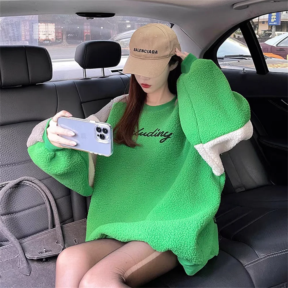 Lamb Wool Hoodie for Women, Plush and Thickened, Oversized, Explosive, Loose Jacket, Green, High End, Street, New