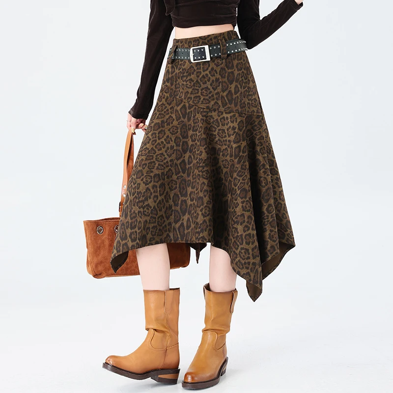 Retro Fashion Leopard Print High Waist Slimming Versatile Asymmetrical Half Skirt with Belt Autumn New Arrival Women's Skirt