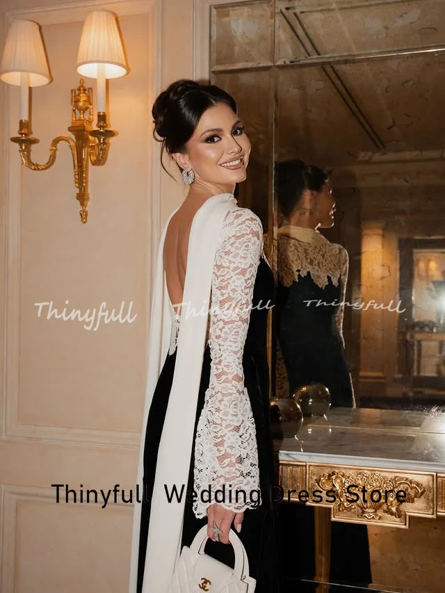 Thinyfull Meerjungfrau Samt/Spitze Arabische Ballkleider Lange Ärmel O-Ausschnitt Abend Partykleid Formelles Kleid Robes de Soirée Maßgeschneidert