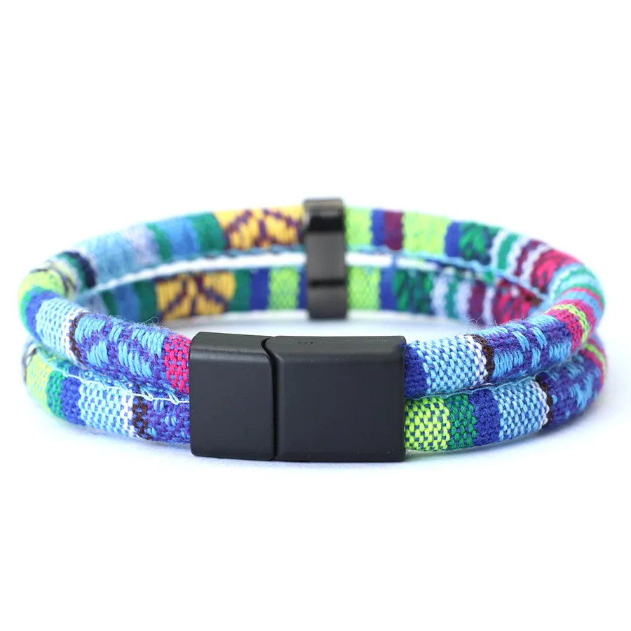 Moda fivela magnética corda pulseira masculina destacável bilayer tecido étnico envoltório braslet pulseira ao ar livre motociclista lazer pulseira