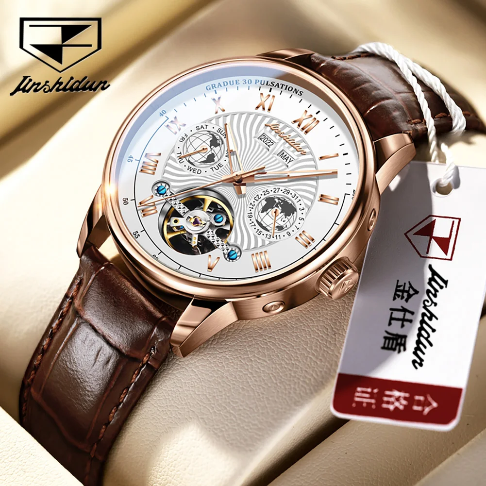 

JSDUN Original Automatic Mechanical Watch Men Leather Strap Fashion Skeleton Flywheel Man Waterproof Watches Luxury Wristwatch