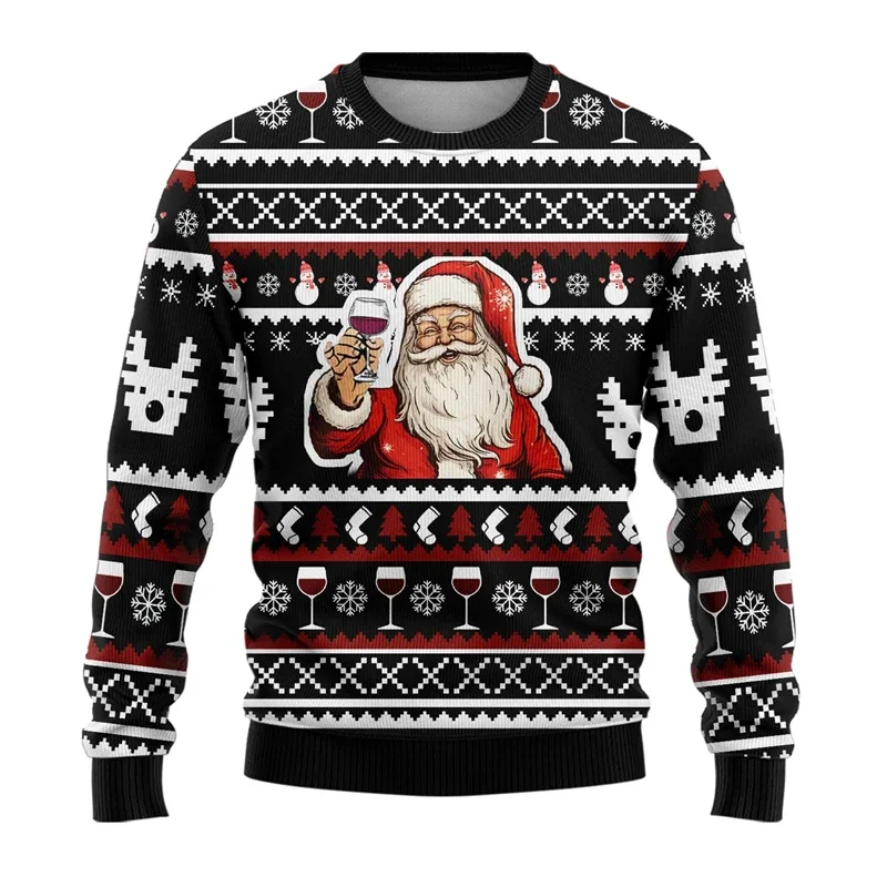 Men's Christmas Sweater Round Neck Sweater 3D Cartoon Print Christmas Holiday Sweater Large Size Loose Autumn and WinterClothing