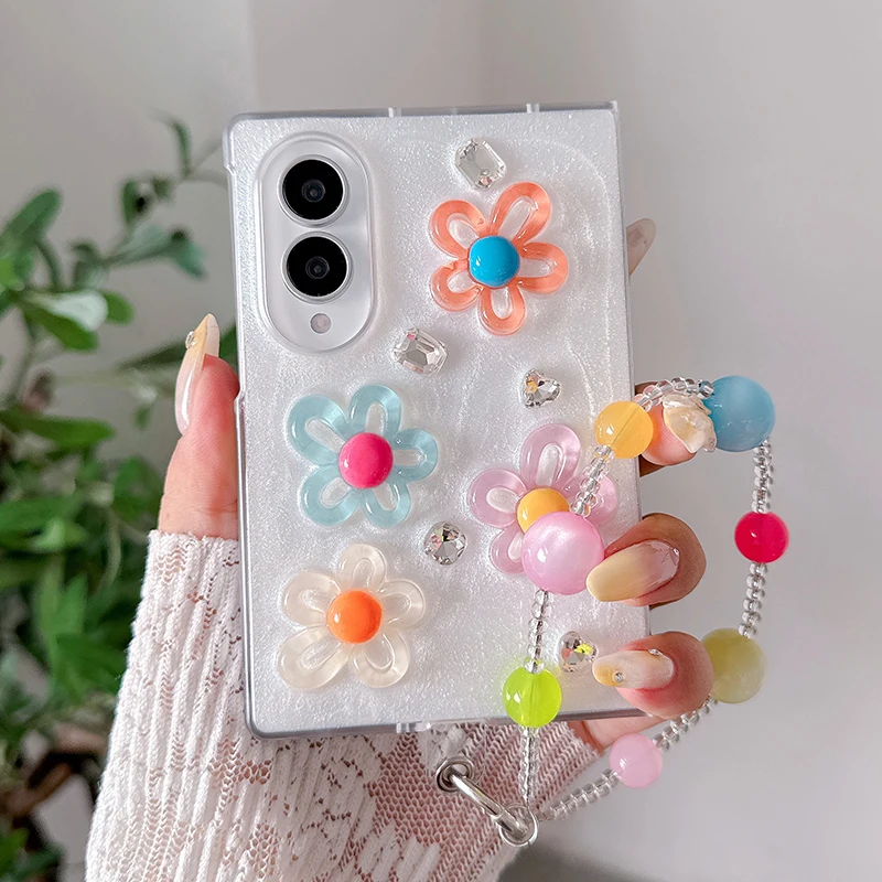 Korean Cute Flower Phone Case For Samsung Galaxy Z Fold 8 ZFold8 Z Fold8 Cover with Chain Fashion Lovely Floral Hard Cases Funda