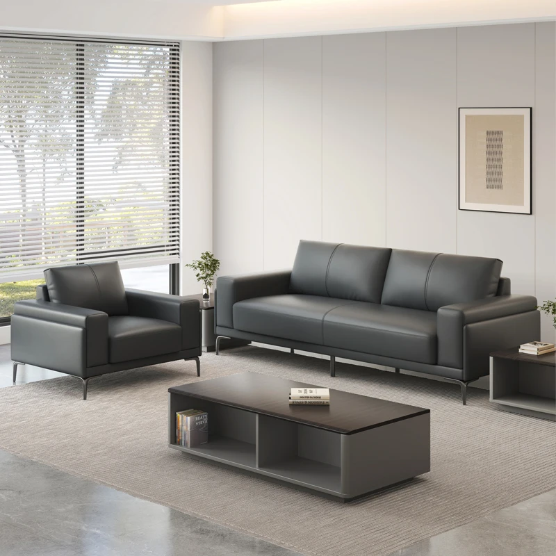 طقم أريكة جلدية فاخرة من تشيسترفيلد باللون الأسود بتصميم بسيط للاستخدام المنزلي في قاعة المكتب والمكتب #2