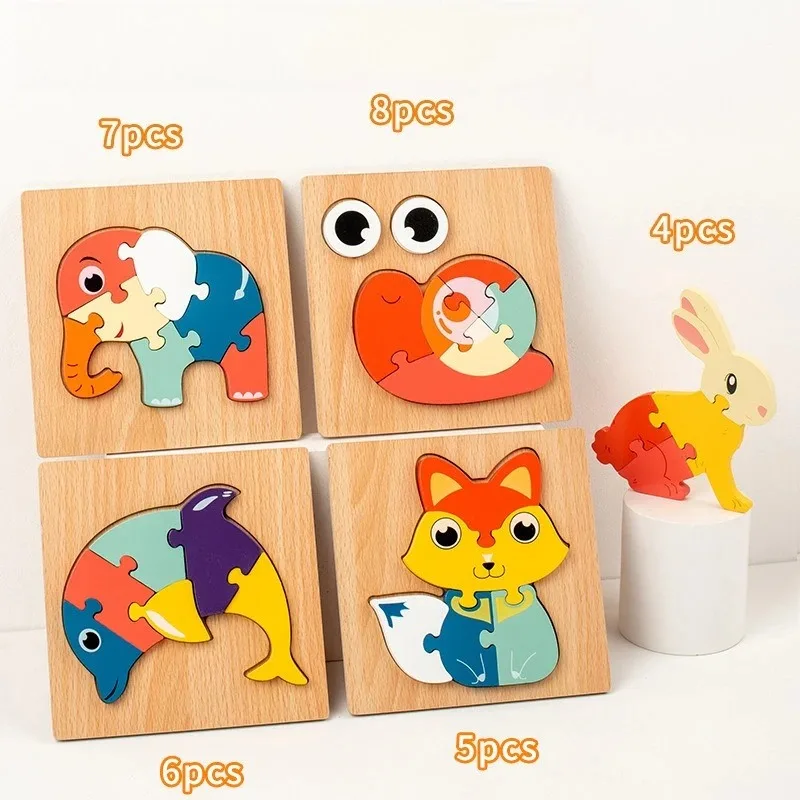 Drewniane puzzle stereoskopowe 3D Montessori, kreskówkowe zwierzęta, kształty, kolory, edukacyjna gra poznawcza, zabawka, prezent urodzinowy dla dzieci, 퍼즐