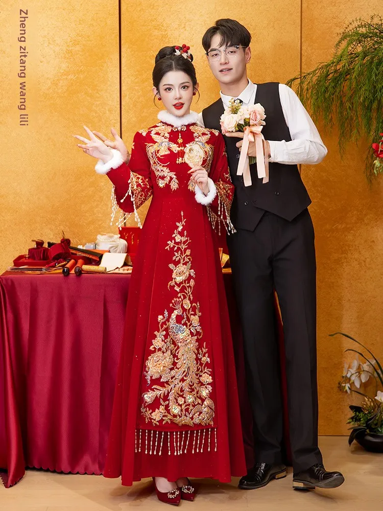 

Pregnant Women's New Chinese Sle Wedding Dr Thiened Floed High Waist A-Line Skirt Long Sve Winter Gown