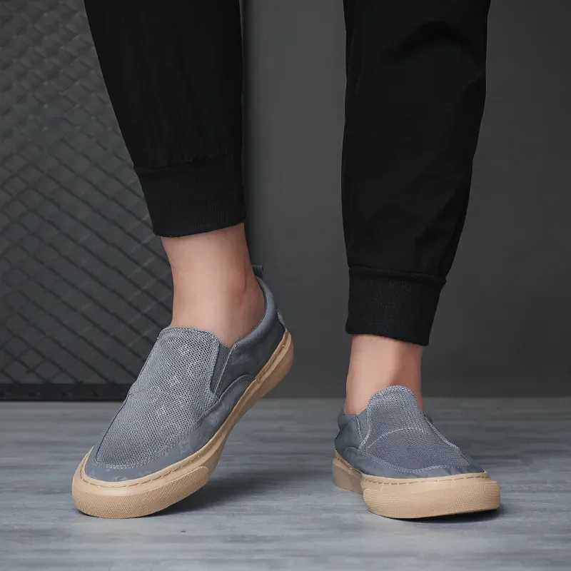 Men Canvas Business Shoes Fashion Vulcanized Mesh Lace-up Sneakers Tenis Slip-On Board Footwear for Male Khaki Gray Black