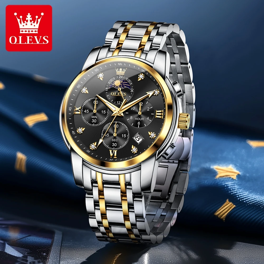 OLEVS 3655 Moon Phase Man Watch 2025 New Elegant 7 Hands Design Luxury Original Quartz Watch for Men Multifunction Men's Watches