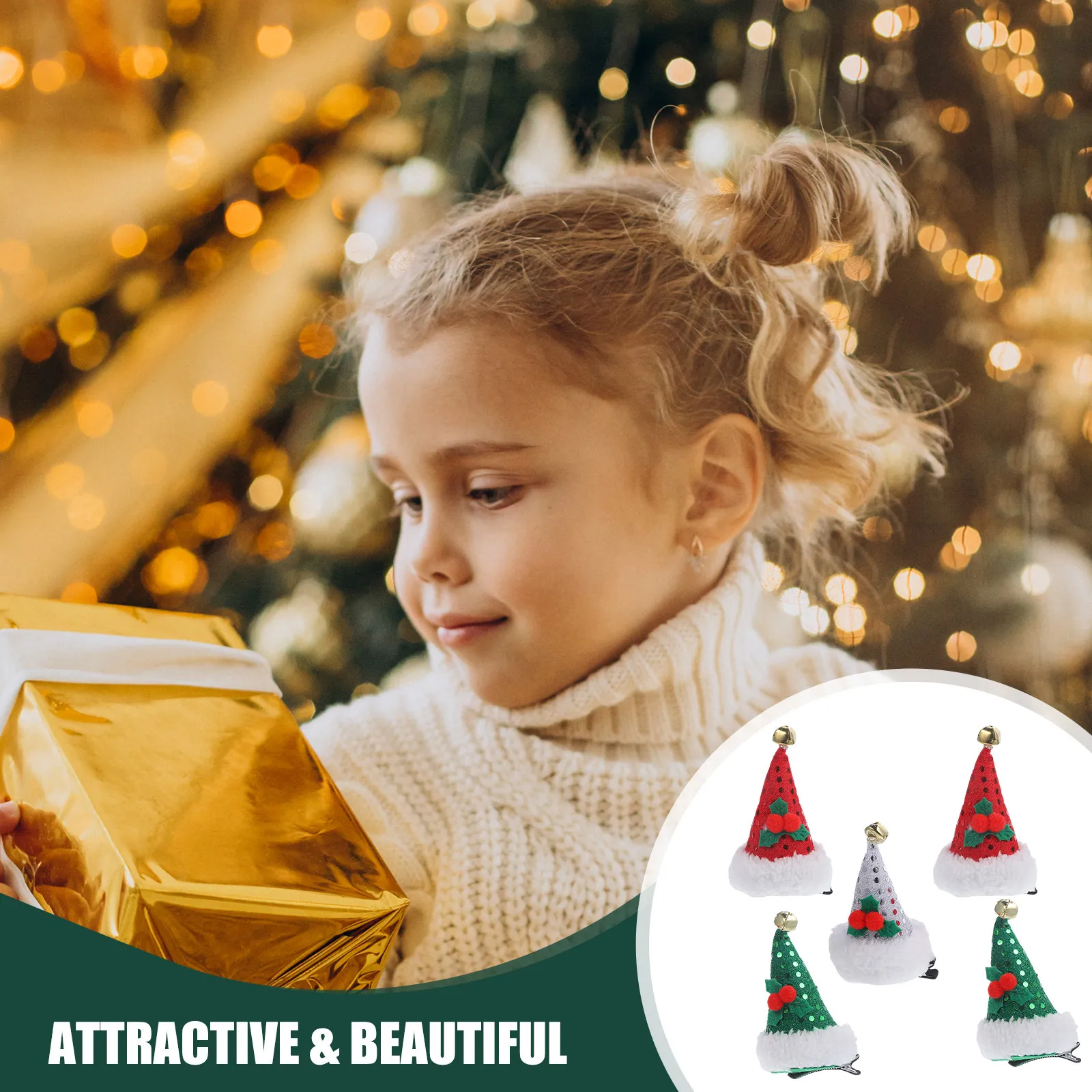 5 pinzas para el pelo con forma de gorro navideño, pinzas para el pelo con lentejuelas, color rojo, verde, plateado, pasadores decorativos navideños, accesorios para el cabello