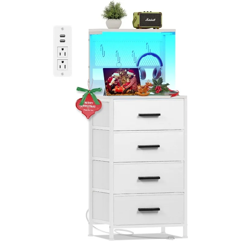 4 Drawer Dresser with LED Lights, Charging Station, Mesh Shelf with Hooks, Vertical Side Table with Fabric Drawers, End Table