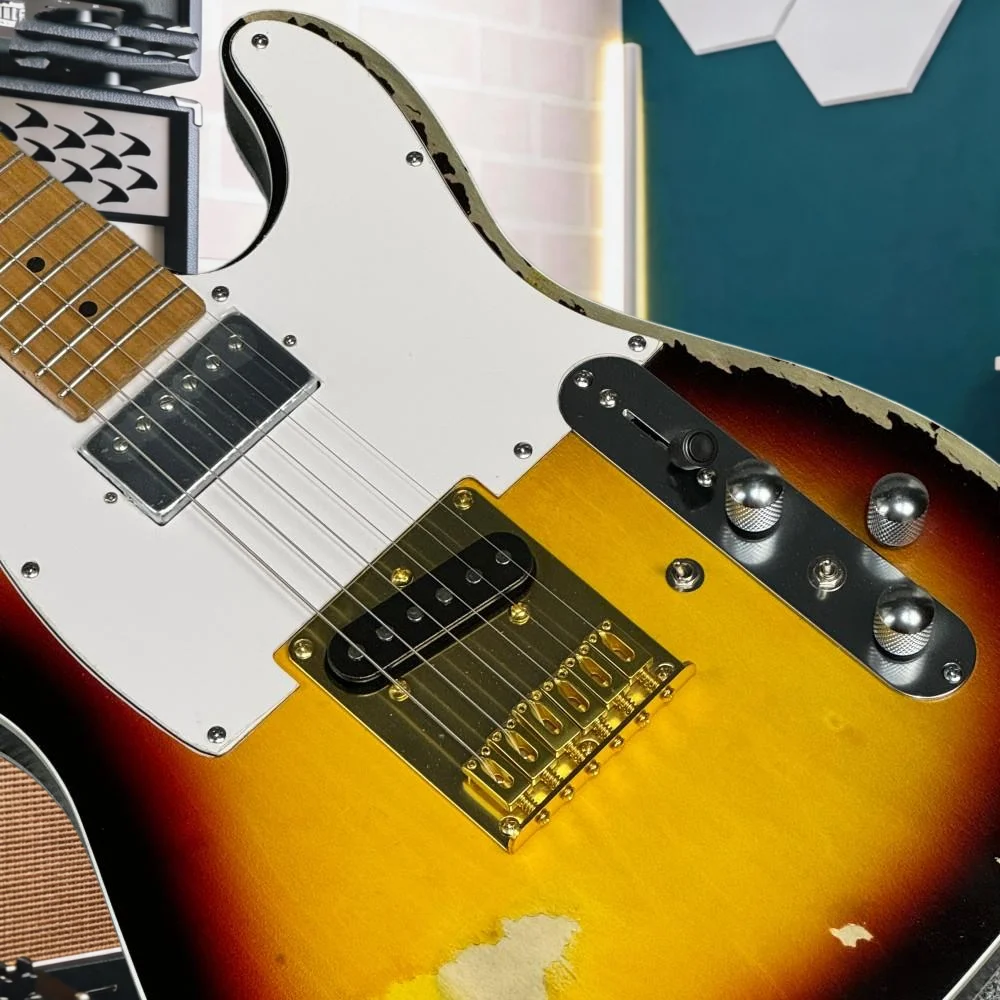 Custom Shop 1958 TLe Heavy Makeold 3-Tone Sunburst Single & Humbucker Pickups Vintage Tele Electric Guitar for Rock Performance