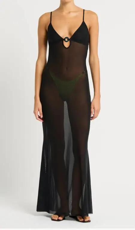 Women's Sheer Mesh Cami Dress Sleeveless Spaghetti Strap Ring Front Bodycon Long Dress Open Back Dress