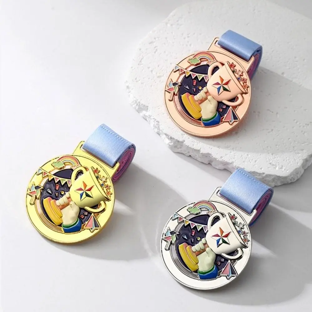 1Pc Durable Gold Silver Bronze Children's Metal Medals 65mm with Neck Ribbon Award Medals Sports Medals for Competitions