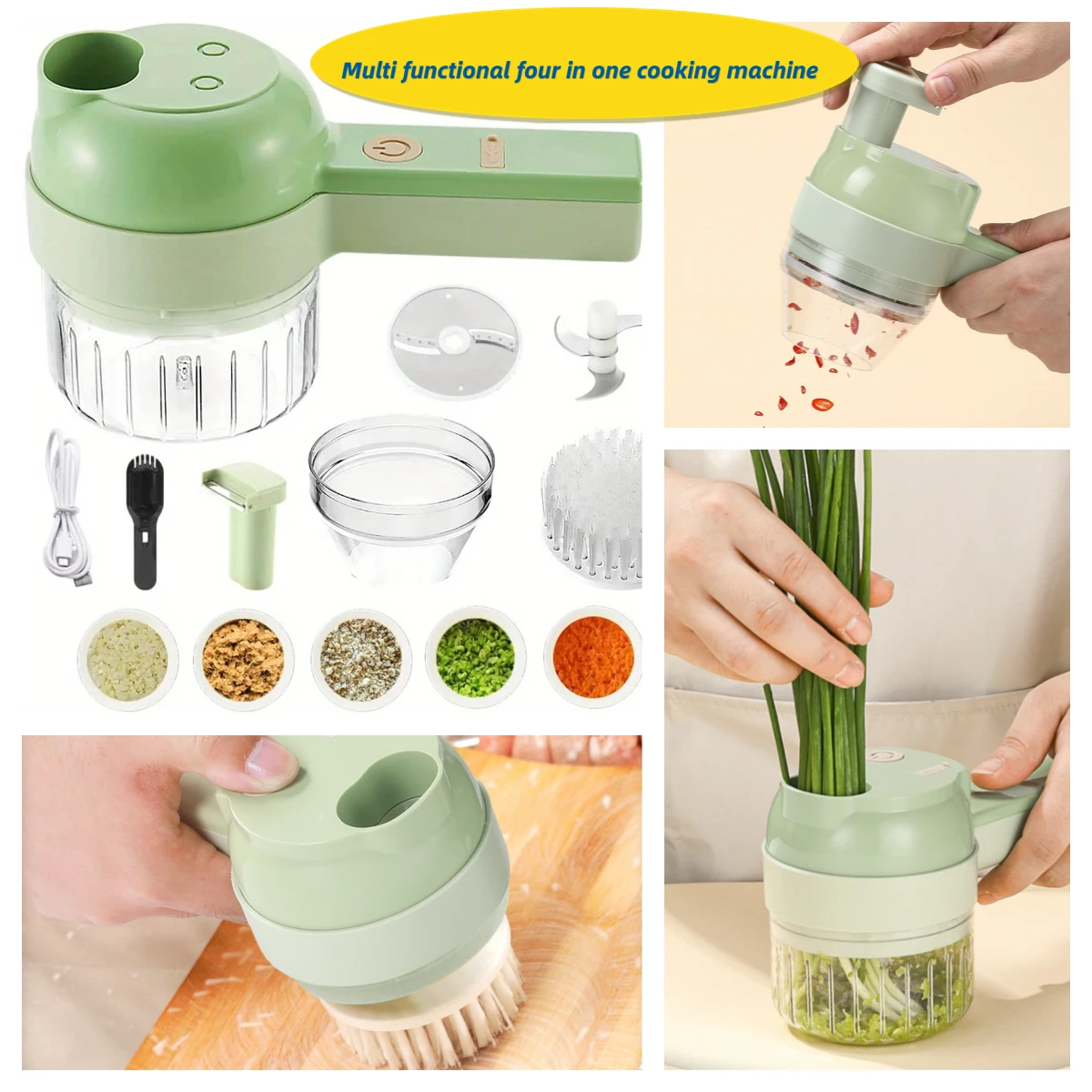 1 Multi-functional Electric Mini Food Processor - Four in One Vegetable Chopper, Garlic Press, Slicer, and Mud Masher Portable