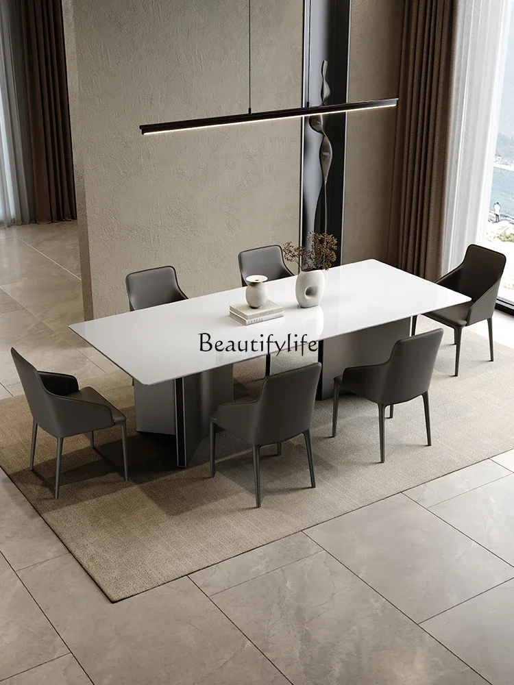

yj5Italian Simple Luxury High-End Nano Jade Stone Dining Table Modern Light Luxury Minimalist Long Dining Table