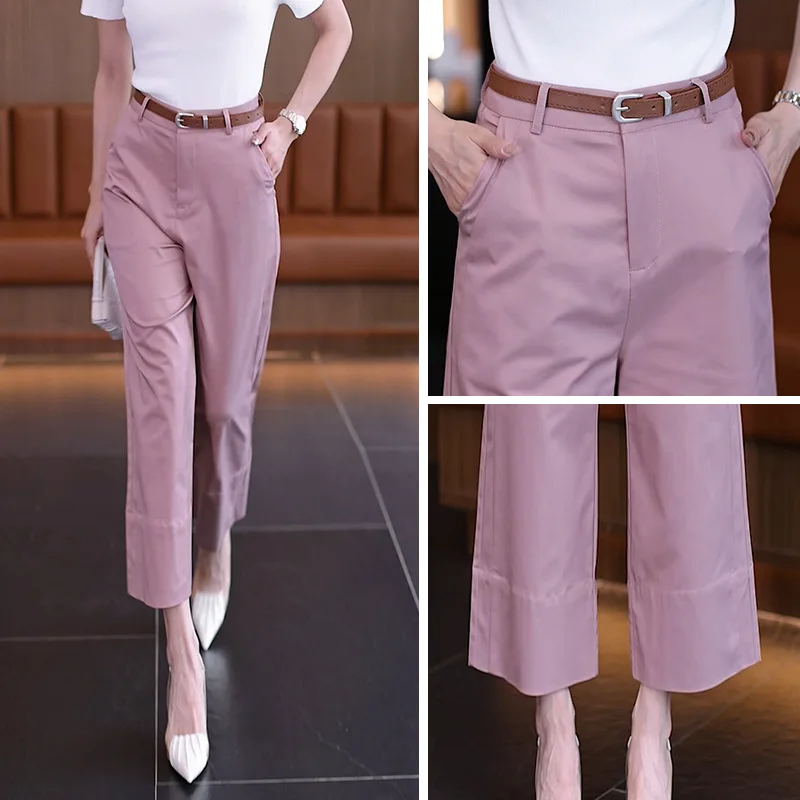 سراويل نسائية قطنية صيفية متعددة الاستخدامات فضفاضة ثنيات مستقيمة الساق سراويل غير رسمية تسع نقاط