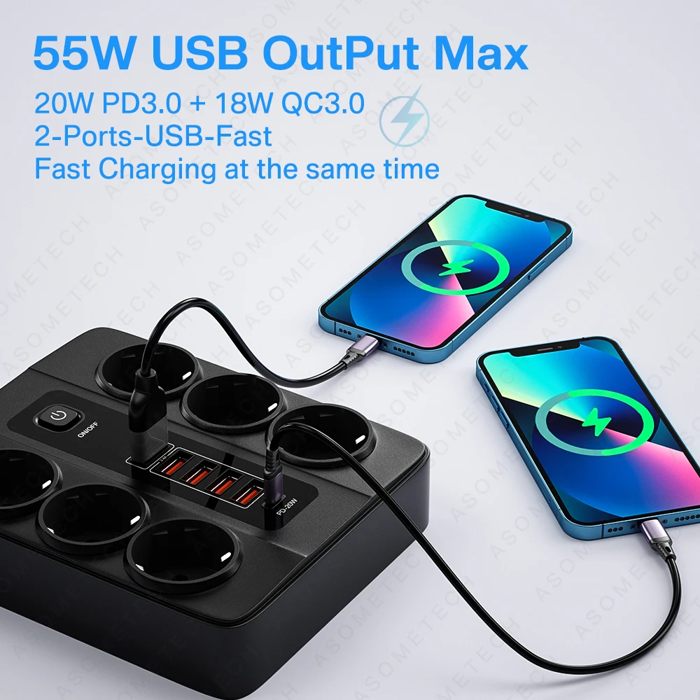 Listwa zasilająca 3000W listwa przeciwprzepięciowa z 6 wtyczkami ue i 6 USB QC3.0 typ C PD20W szybkie ładowanie inteligentne gniazdo USB do domu W