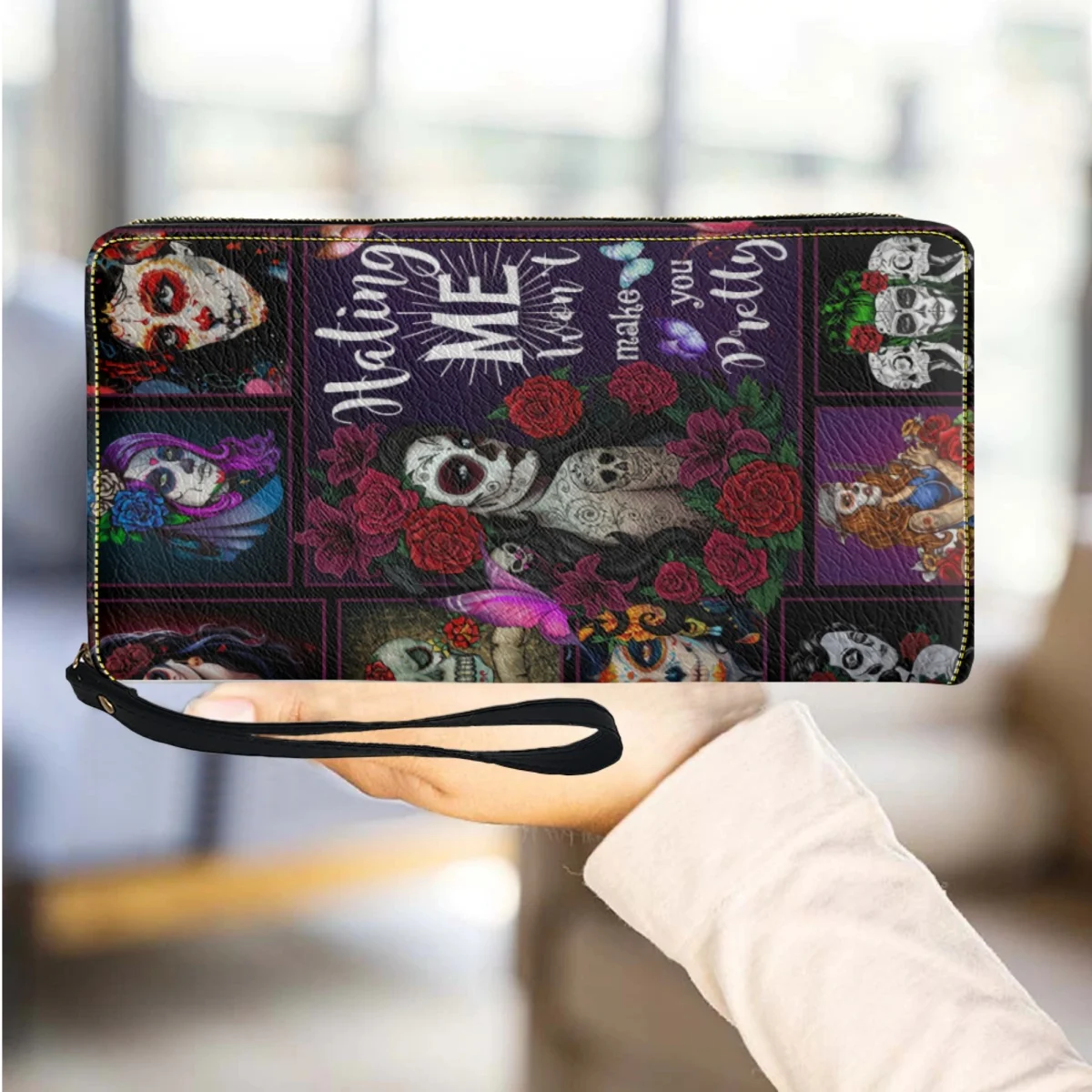 

Gothic Sugar Skull Design Women's Wallets Wristlet Clutch Cell Phone Wallet Long Change Bag Woman Passport Holders Ladies Purse