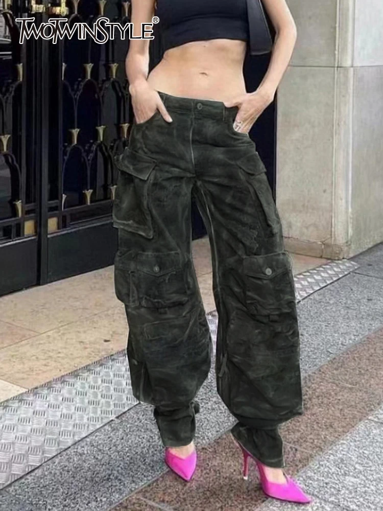 

TWOTWINSTYLE Streetwear Wide Leg Pants For Women High Waist Patchwork Pockets Camouflage Trousers Female Clothing 2022 Fashion