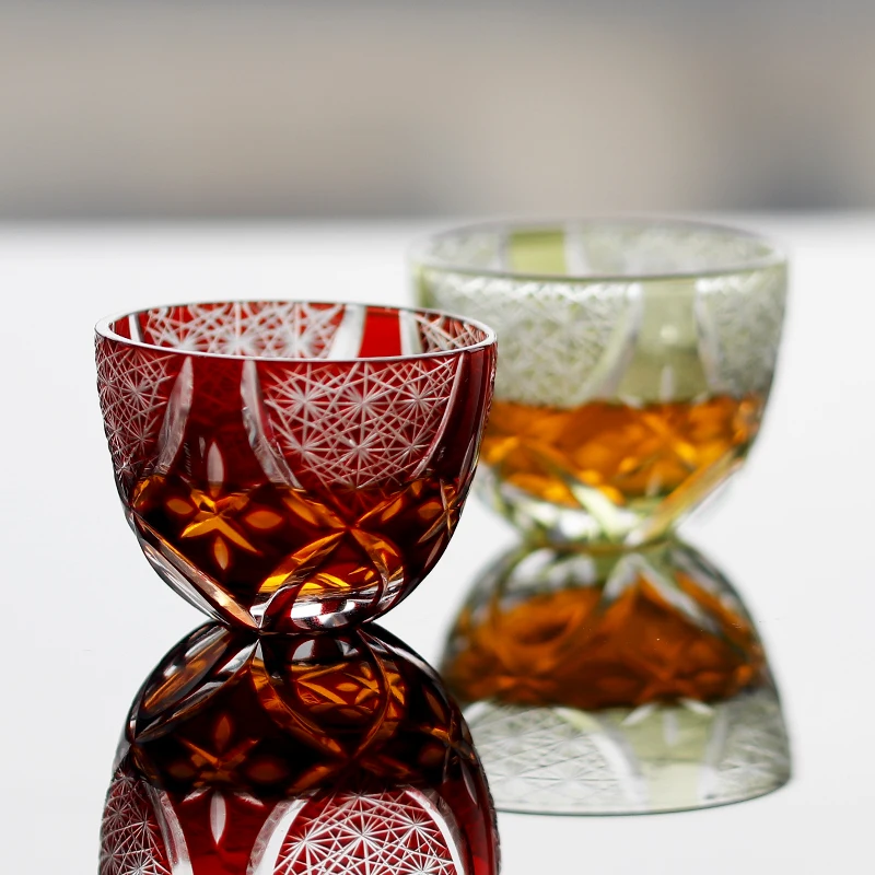 Edo Kiriko Japanese Style Sake Glass 2oz Hand Carved Crystal Shot Glasses for Tequila Liquor Soju