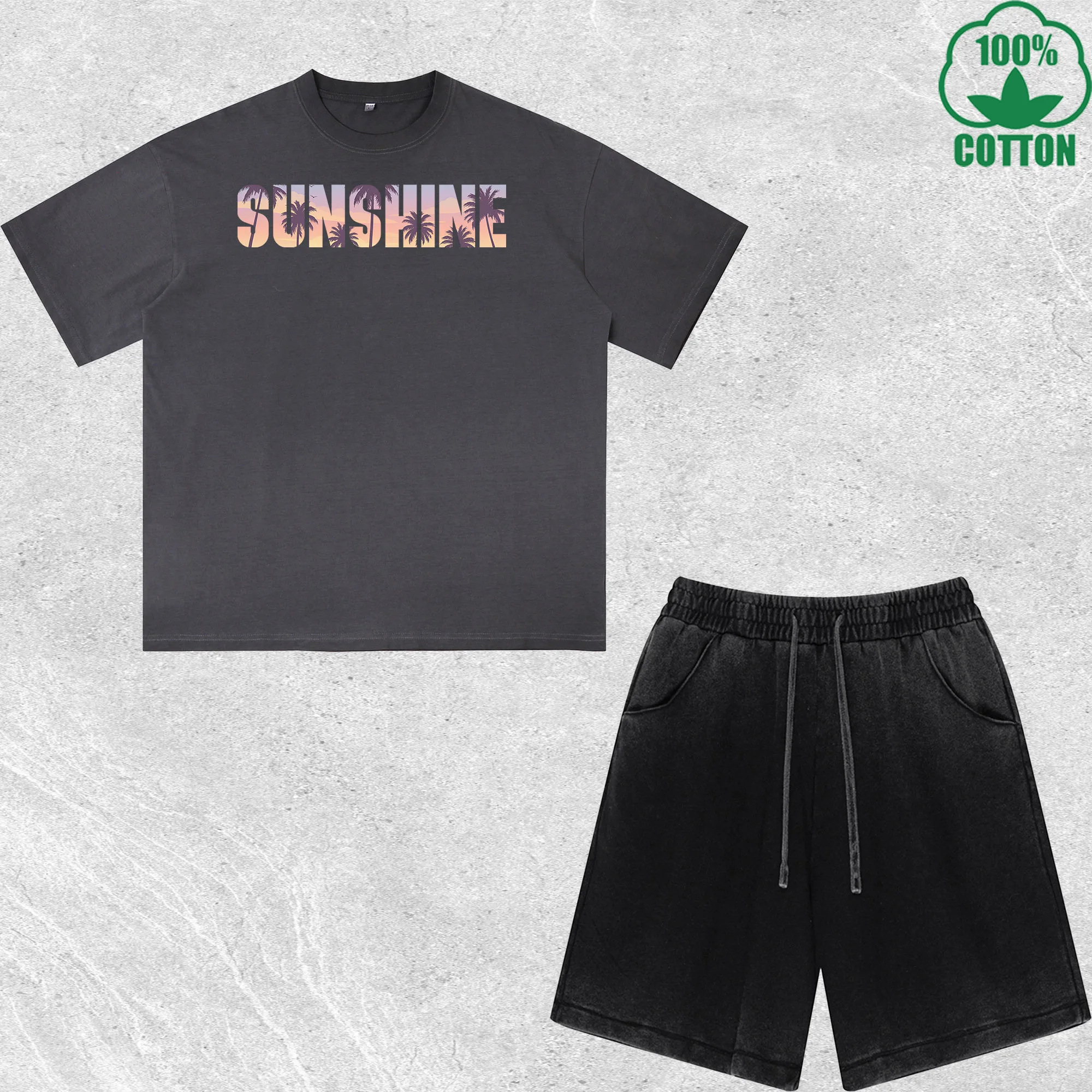 

Sunshine Printed Dirty Wash T-Shirt Shorts Set Multicolor Combo Loose Trendy Fashionable 100%Cotton